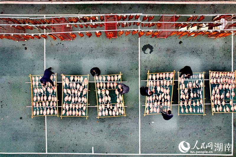 Pekerja memerap dan mengeringkan ikan. (foto: Li Fangsen/People.cn)