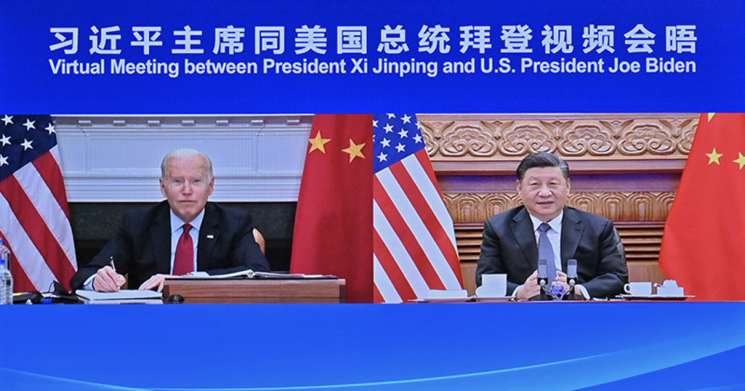 Pada pagi 16 November 2021, Presiden China, Xi Jinping mengadakan sidang video dengan Presiden AS, Joe Biden di Beijing. (Xinhua/Yue Yuewei)