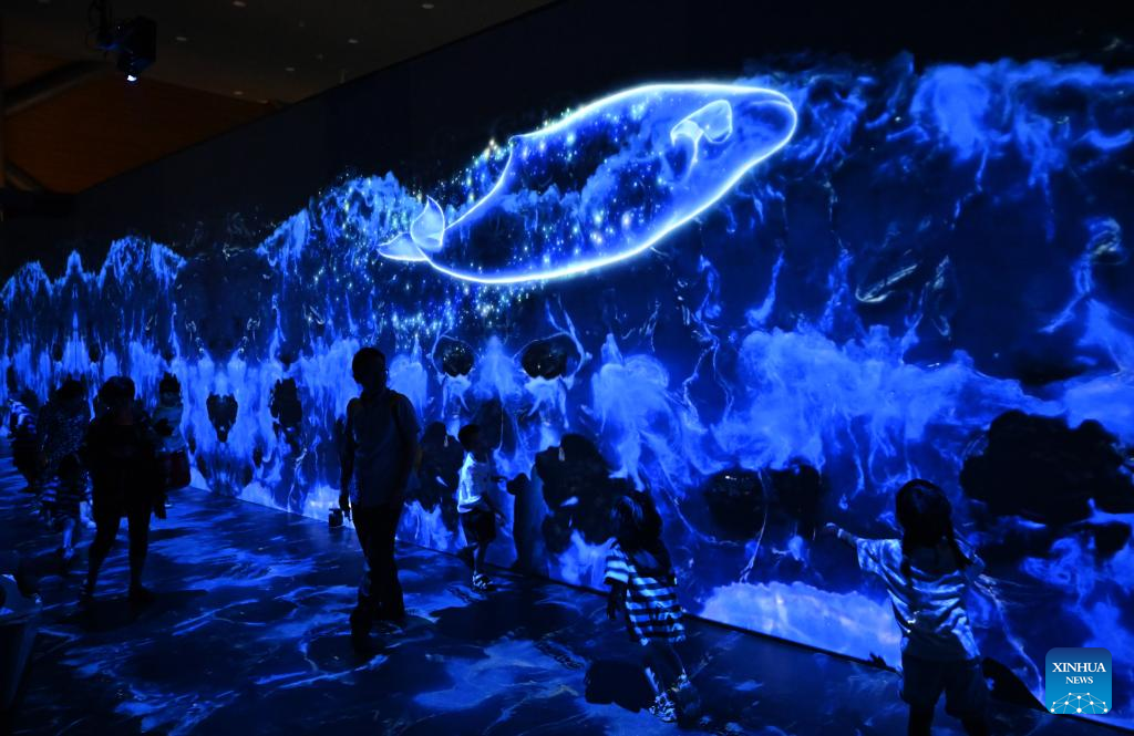 Orang ramai berinteraksi dengan hidupan laut maya di Muzium Maritim Negara China, Tianjin, pada 26 Ogos 2023. (Xinhua/Sun Fanyue)
