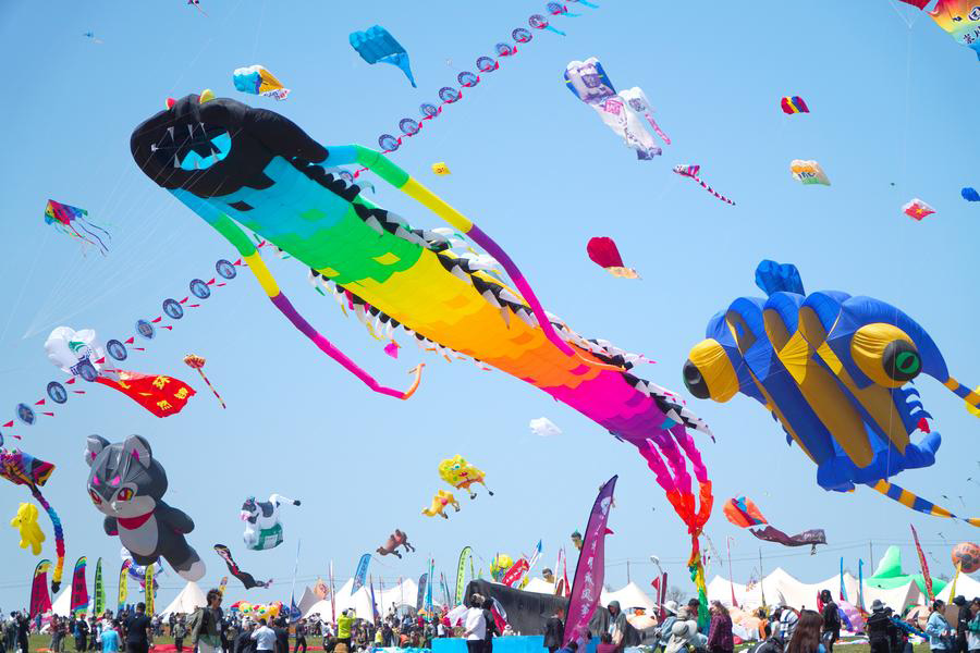Foto yang diambil pada 20 April 2024 ini memperlihatkan layang-layang berterbangan di udara semasa berlangsungnya Festival Layang-layang Antarabangsa Weifang yang ke-41 di Weifang, Provinsi Shandong, timur China. (Xinhua/Xu Suhui)