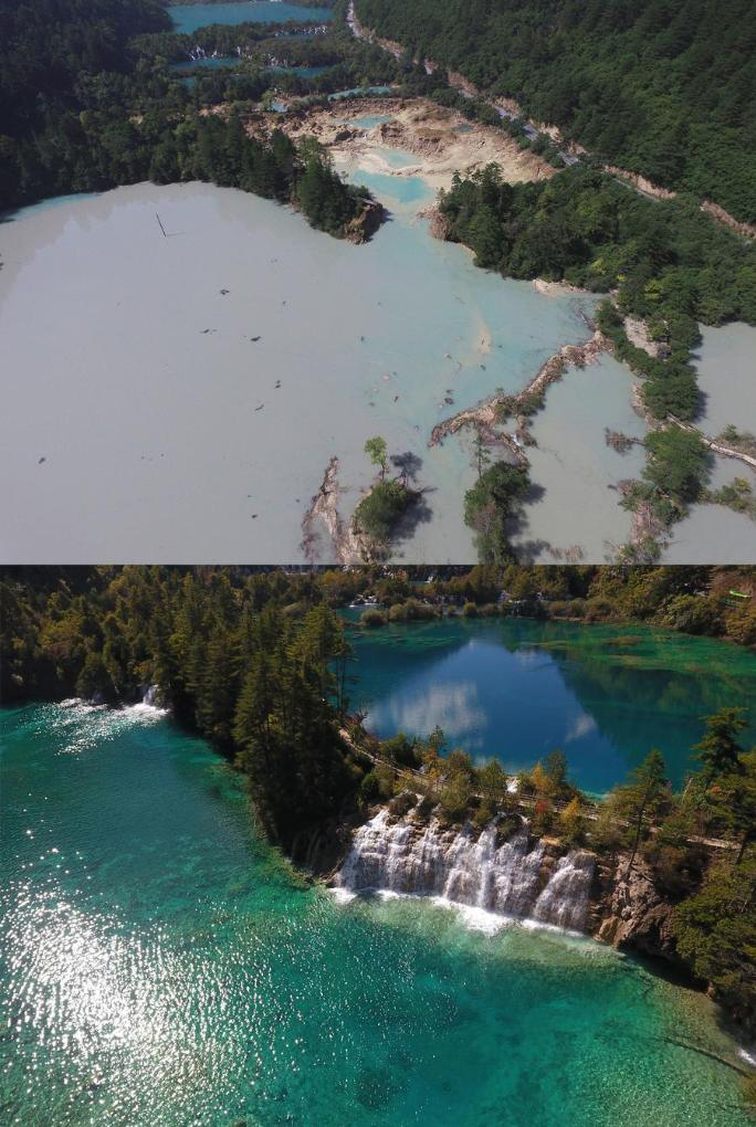 Gabungan gambar fail ini memaparkan pemandangan kawasan indah Jiuzhaigou di Provinsi Sichuan, barat daya China sebelum pemulihan (di atas, gambar diambil pada 2018) dan selepas (foto diambil pada 2023). (foto/Xinhua)