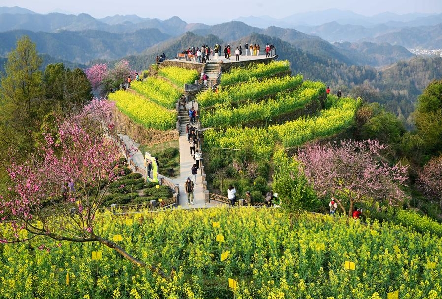 Pengunjung menikmati bunga di kampung Shitan, Kaunti Shexian, Bandar Huangshan di Provinsi Anhui, timur China pada 26 Mac 2025. (Xinhua/Zhou Mu)