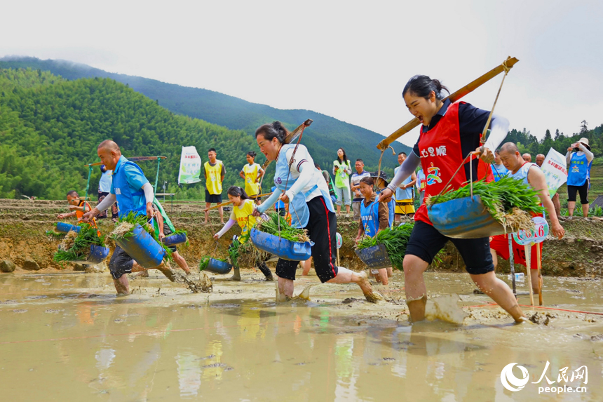 1.	Penduduk kampung terlibat dalam menggalas padi semasa dalam acara sukaneka luar bandar yang diadakan di Sawah Padi Berteres Shangbao di pekan Shangbao, kaunti Chongyi, bandar Ganzhou, di Provinsi Jiangxi, timur China. (People’s Daily Online/Zhu Haipeng)