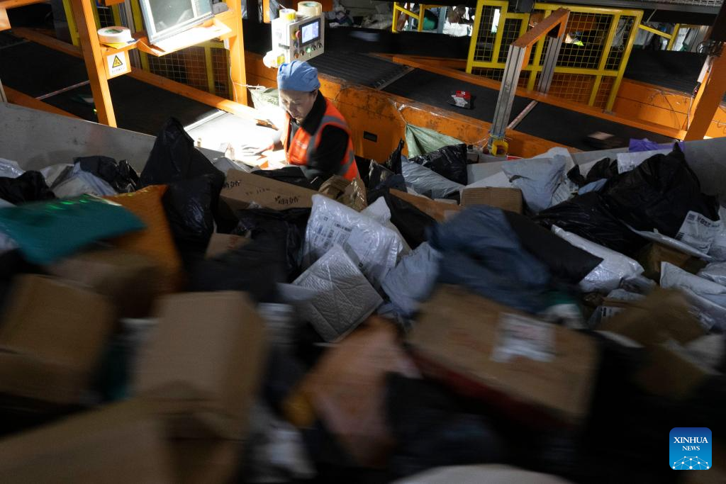 Foto ini menunjukkan seorang petugas yang sedang mengisih bungkusan. (Xinhua/Zhang Tao)