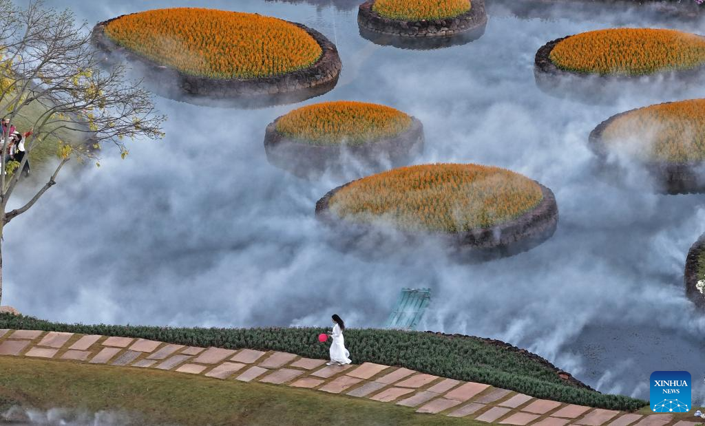 Foto dron bertarikh 26 November 2025 ini memperlihatkan para pelancong sedang menikmati keindahan bunga-bungaan di kawasan peranginan Gunung Qingxiu, Nanning, wilayah autonomi Zhuang Guangxi, selatan China. (Xinhua/Zhou Hua)