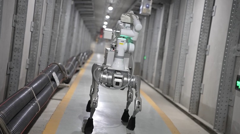 Sebuah robot pemeriksa kuadruped bertugas di terowong yang menyambungkan substesen di Xiongdong dengan Substesen Zanxi, Kawasan Baru Xiong’an, provinsi Hebei, utara China. (People's Daily Online/Su Yingxiang)