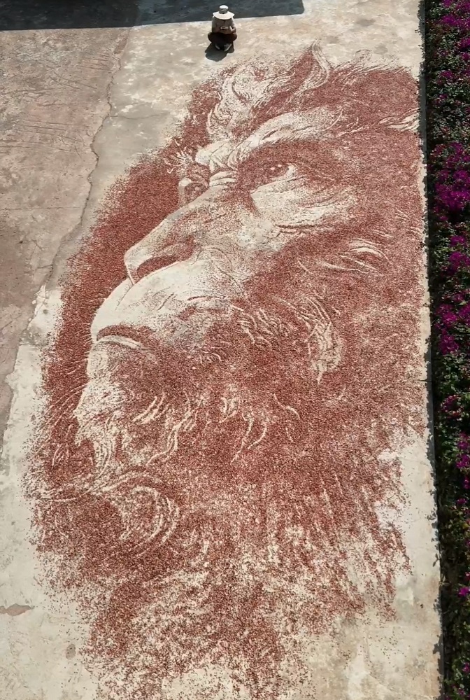 Tangkap layar video ini menunjukkan sebuah lukisan oleh Ning Si menggunakan isi jagung merah di kampung Xuanhe, kaunti autonomi Yi, Hani dan Lahu Zhenyuan, bandar Pu’er, provinsi Yunnan, barat daya China.