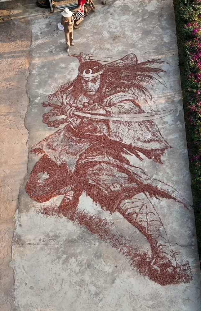 Tangkap layar video ini menunjukkan sebuah lukisan oleh Ning Si menggunakan isi jagung merah di kampung Xuanhe, kaunti autonomi Yi, Hani dan Lahu Zhenyuan, bandar Pu’er, provinsi Yunnan, barat daya China.