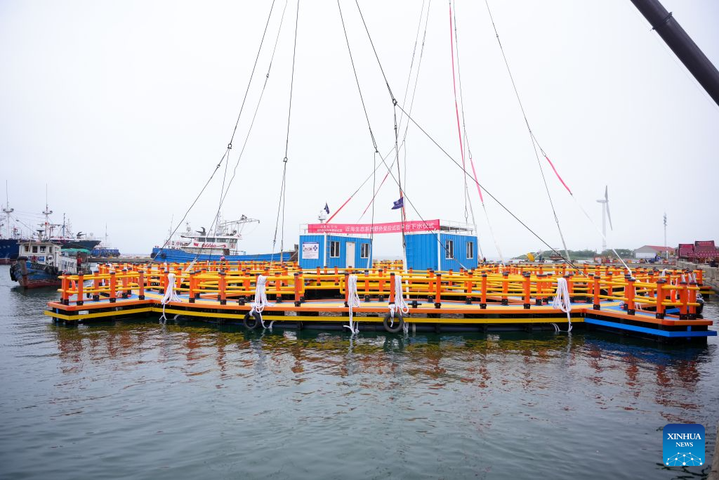 Foto dron bertarikh 10 Julai 2026 ini memaparkan platform di laut untuk eksperimen terkawal di lokasi berkaitan ekosistem pantai, selepas ditempatkan di Laut Kuning di perairan pesisir Rongcheng, provinsi Shandong, timur China. (IOCAS melalui Xinhua)