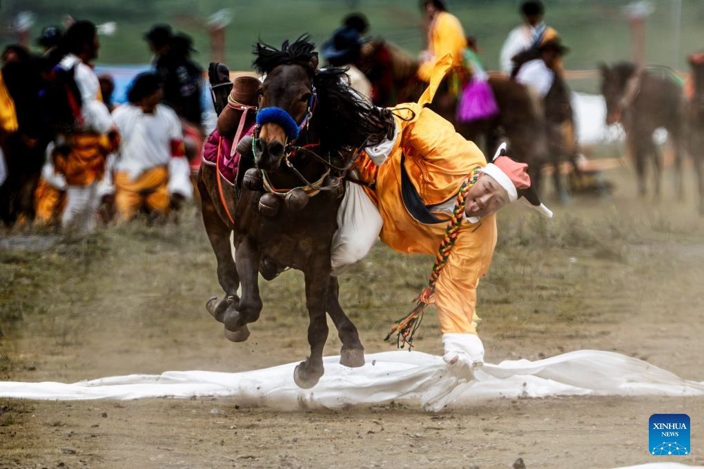 Seorang gembala menonjolkan aksi lasak menunggang kuda pada satu acara persembahan berkuda yang menyerlahkan kemahiran tradisional, di kaunti Litang, provinsi Sichuan, barat daya China, 31 Julai 2026. (Foto oleh Xiang Wenjun/Xinhua)