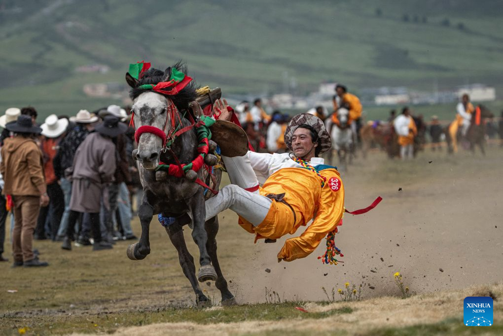 Seorang gembala menonjolkan aksi lasak menunggang kuda pada satu acara persembahan berkuda yang menyerlahkan kemahiran tradisional, di kaunti Litang, provinsi Sichuan, barat daya China, 31 Julai 2026. (Foto oleh Xiang Wenjun/Xinhua)