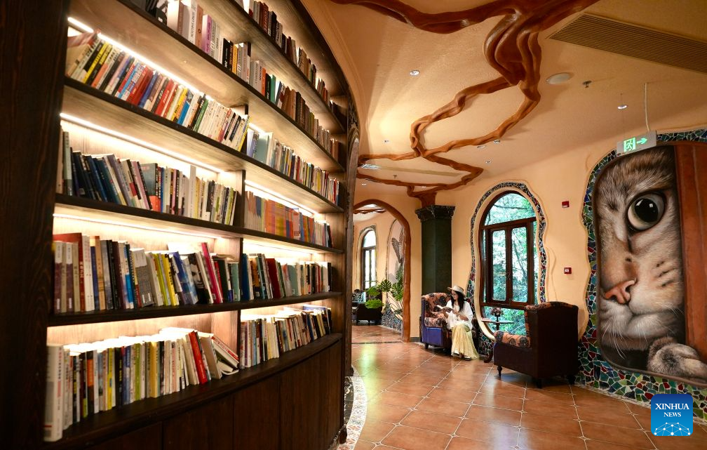 Seorang kanak-kanak membaca buku di sebuah perpustakaan dalam lubang benam di kaunti Wuyuan, provinsi Jiangxi, timur China, 26 Ogos 2026. (Xinhua/Hu Chenhuan)