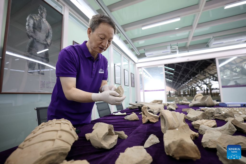 Seorang pakar memeriksa serpihan tentera terracotta yang digali di makmal pemuliharaan lokasi Tapak No. 1 Muzium Makam Maharaja Qinshihuang di Xi’an, provinsi Shaanxi, barat laut China, 3 September 2026. (Xinhua/Li Yibo)