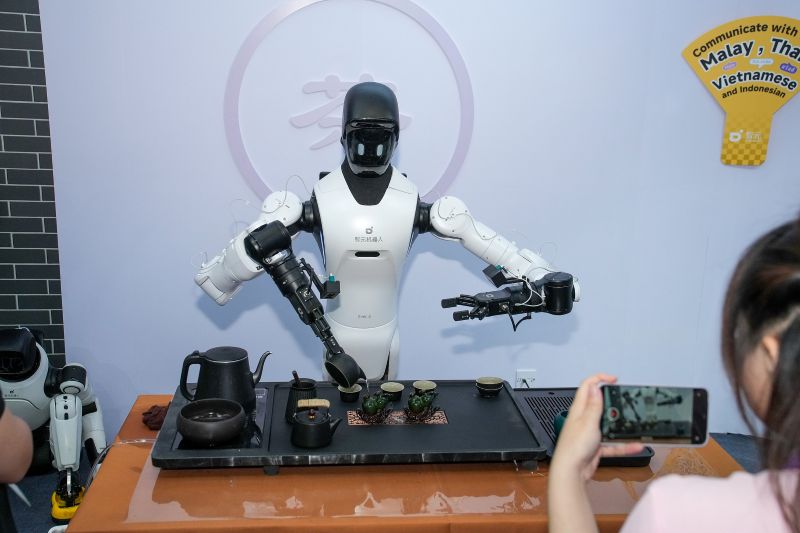 Pelawat melihat robot membancuh teh di seksyen pameran AI. (foto/VCG)