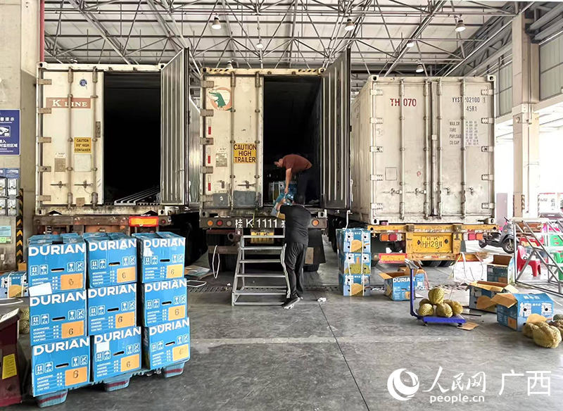 Foto menunjukkan sebuah gerai borong durian di Pasar Perdagangan Buah Antarabangsa Jiangnan di Nanning, wilayah autonomi zhuang Guangxi, selatan China. (People's Daily Online/Wei Huan)