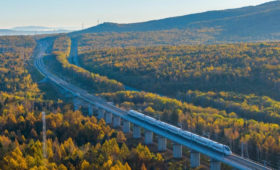 Foto dron bertarikh 4 Oktober 2026 menunjukkan sebuah kereta api laju rel Harbin-Yichun membelah kawasan hutan pada musim luruh di Yichun, provinsi Heilongjiang, timur laut China. (Foto oleh Li Jiaxing/Xinhua)
