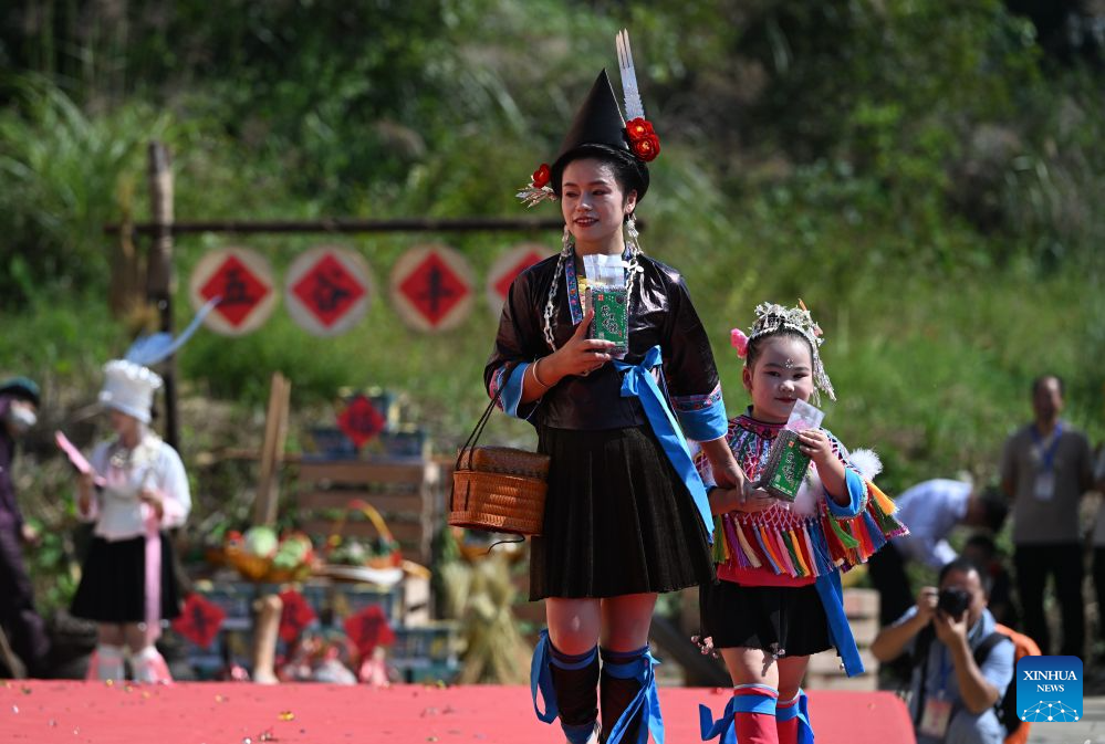 Penduduk kampung membawa hadiah padi pulut yang dituai di kampung Liangzhai, kaunti autonomi Miao Rongshui, wilayah autonomi Zhuang Guangxi, selatan China, 20 Oktober 2026. (Xinhua/Huang Xiaobang)