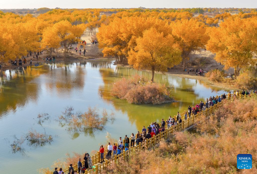 Foto bertarikh 20 Oktober 2026 ini memaparkan pemandangan sebuah kawasan peranginan yang terkenal dengan hutan poplar di kaunti Lop, Hotan, wilayah autonomi Uygur Xinjiang, barat laut China. (Foto oleh Memeteli Enwaer/Xinhua)