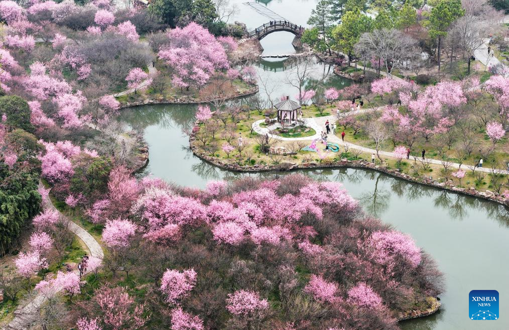 Foto dron bertarikh 15 Mac 2026 ini menunjukkan pemandangan kawasan peranginan Tasik Barat Lampai di Yangzhou, provinsi Jiangsu, timur China. (Foto oleh Meng Delong/Xinhua)