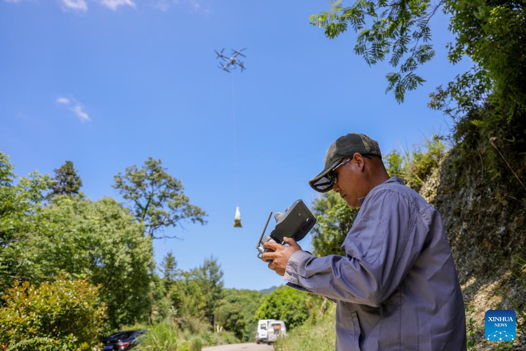 Seorang pekerja menggunakan dron untuk mengangkut daun teh yang baru dipetik di kaunti Qimen, bandar Huangshan, provinsi Anhui, timur China, 16 Mei 2026. (Foto oleh Fan Chengzhu/Xinhua)