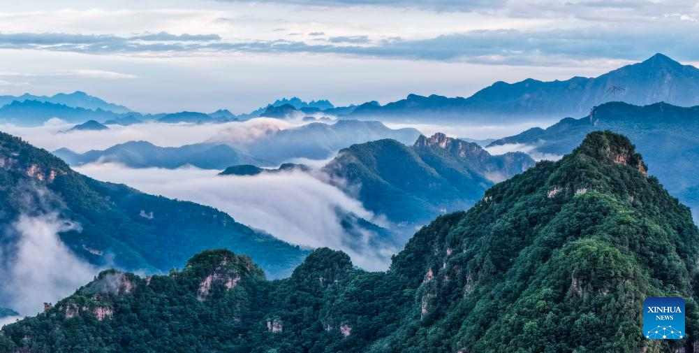 Foto dron bertarikh 9 Jun 2026 ini menunjukkan pemandangan lautan awan menyelubungi tempat peranginan Gunung Xinglong di bandar Chengde, provinsi Hebei, utara China. (Foto oleh Liu Mancang/Xinhua)