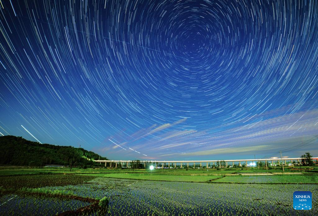 Foto komposit yang diambil pada 29 Mei 2026 ini menunjukkan sawah padi di bawah langit berbintang di bandar Shangzi, provinsi Heilongjiang, timur laut China. (Foto oleh Zeng Dong/Xinhua)