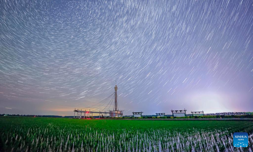 Foto komposit yang diambil pada 29 Mei 2026 ini menunjukkan sawah padi di bawah langit berbintang di bandar Shangzi, provinsi Heilongjiang, timur laut China. (Foto oleh Zeng Dong/Xinhua)